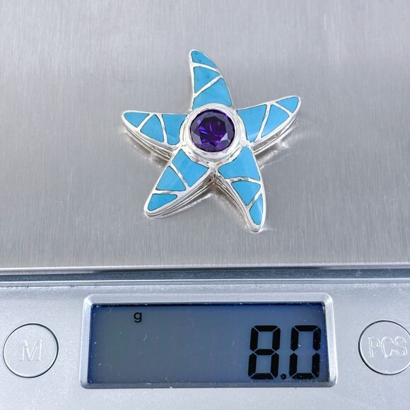 Vintage Sterling Silver 925 Amethyst and Turquoise Starfish Pendant - Picture 5 of 6